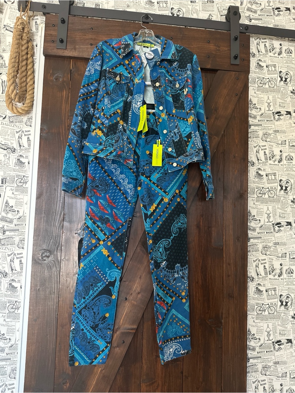 Versace Jeans Collection Blue Multicolor Printed Jeans & Jacket Set